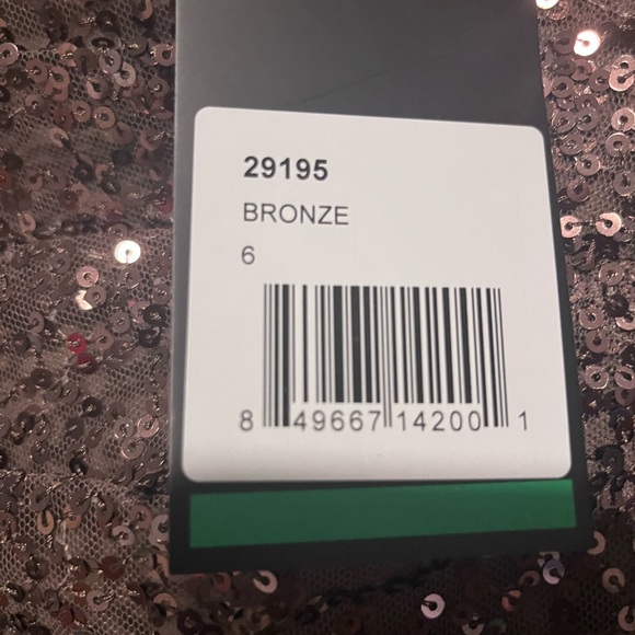 Size 6 La Femme bronze sparkle gown with flattering rouching at the waist. - Picture 4 of 5